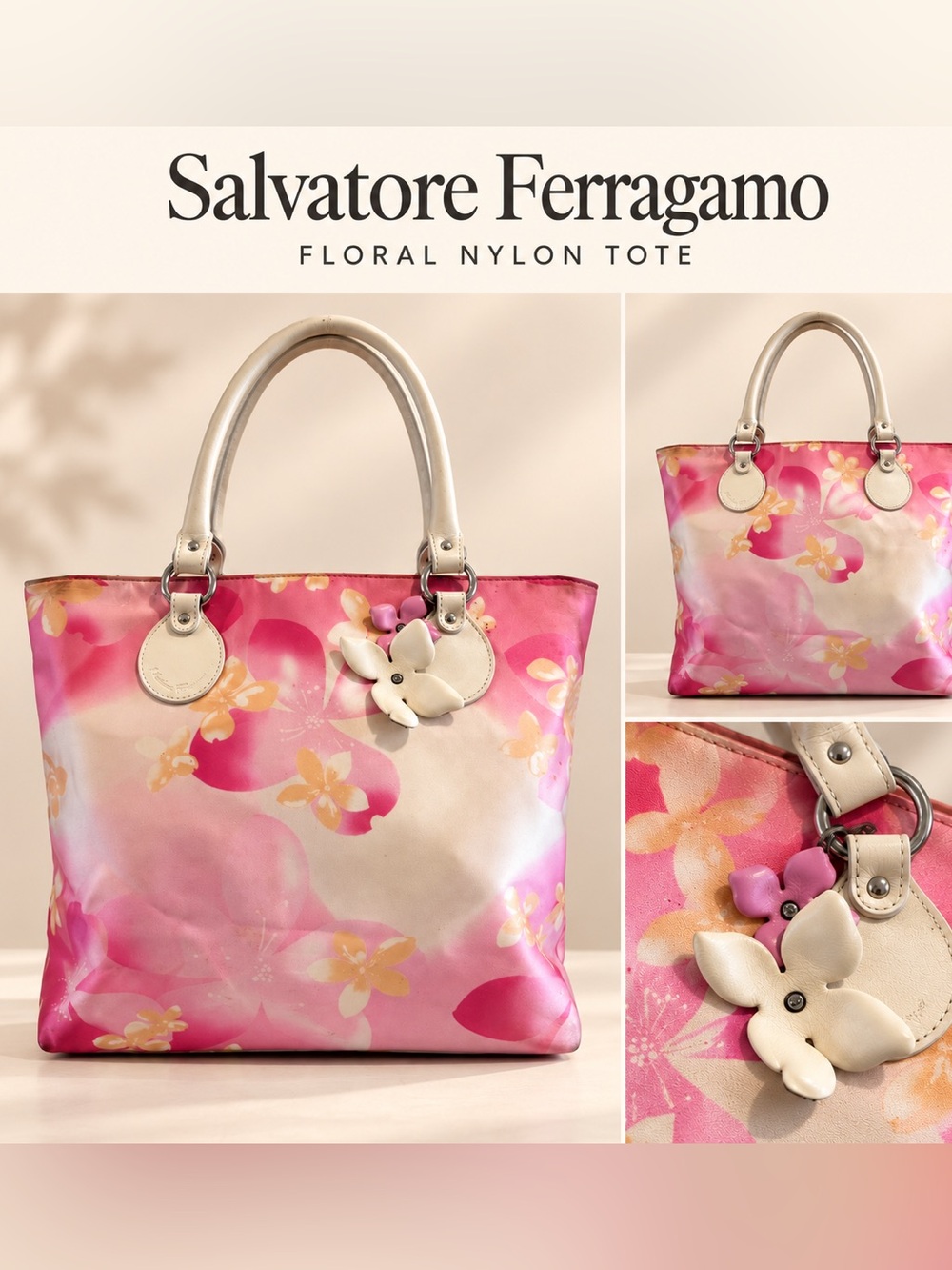 Salvatore Ferragamo Floral Pink and Cream Nylon Tote